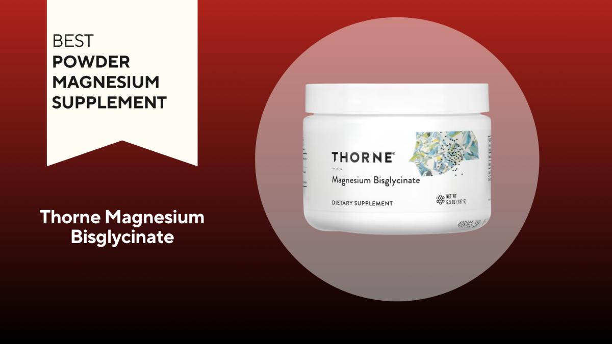 An image of a container of Thorne Magnesium against a red background.